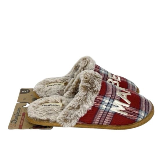 Dearfoams Womens Size Small (5-6) Mama Bear Red Plaid Scuff Slippers Memory Foam - Picture 2 of 6